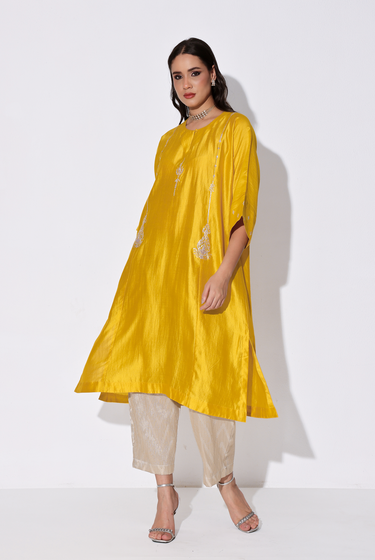 Yellow Chiniya Silk Antifit Kurta Set with Dabka & Dori Embroidery