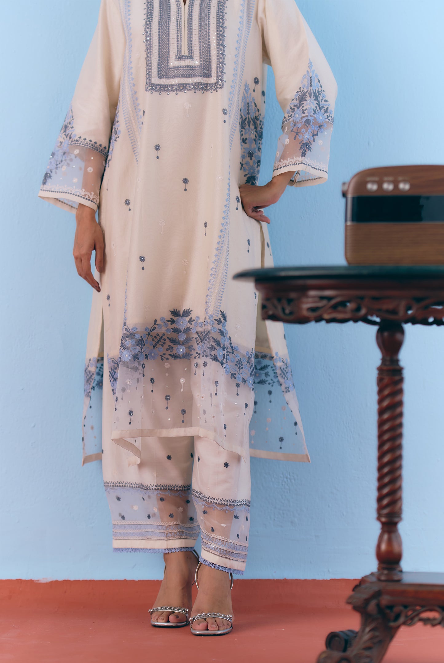 White Silk Chanderi Kurta Set with Blue Thread Embroidery
