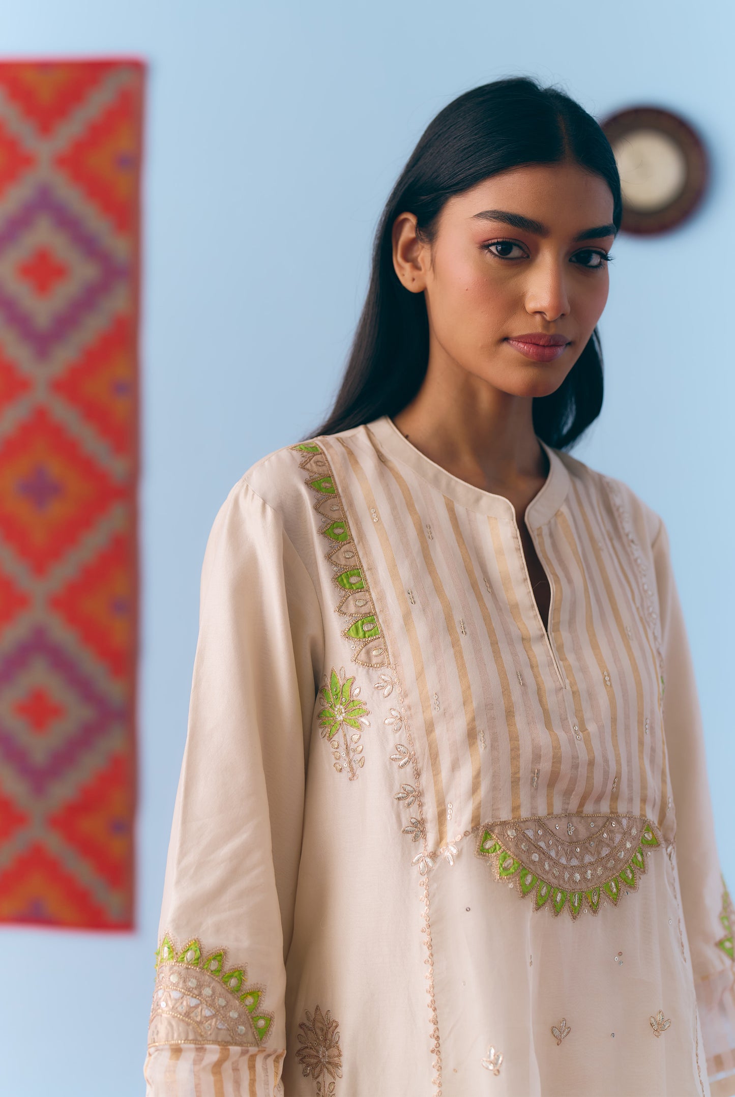 White Silk Chanderi Kurta Set with Green Appliqué & Gota Embroidery