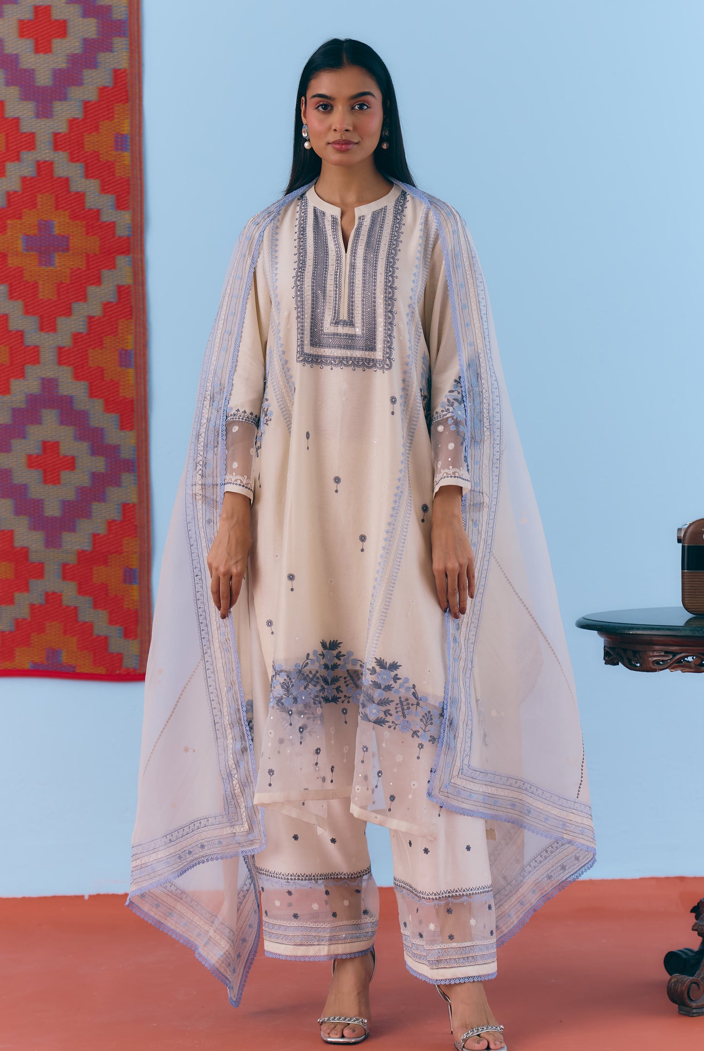 White Silk Chanderi Kurta Set with Blue Thread Embroidery
