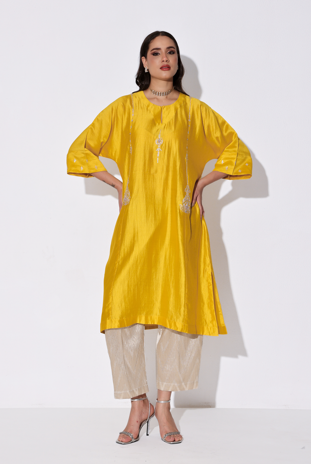 Yellow Chiniya Silk Antifit Kurta Set with Dabka & Dori Embroidery