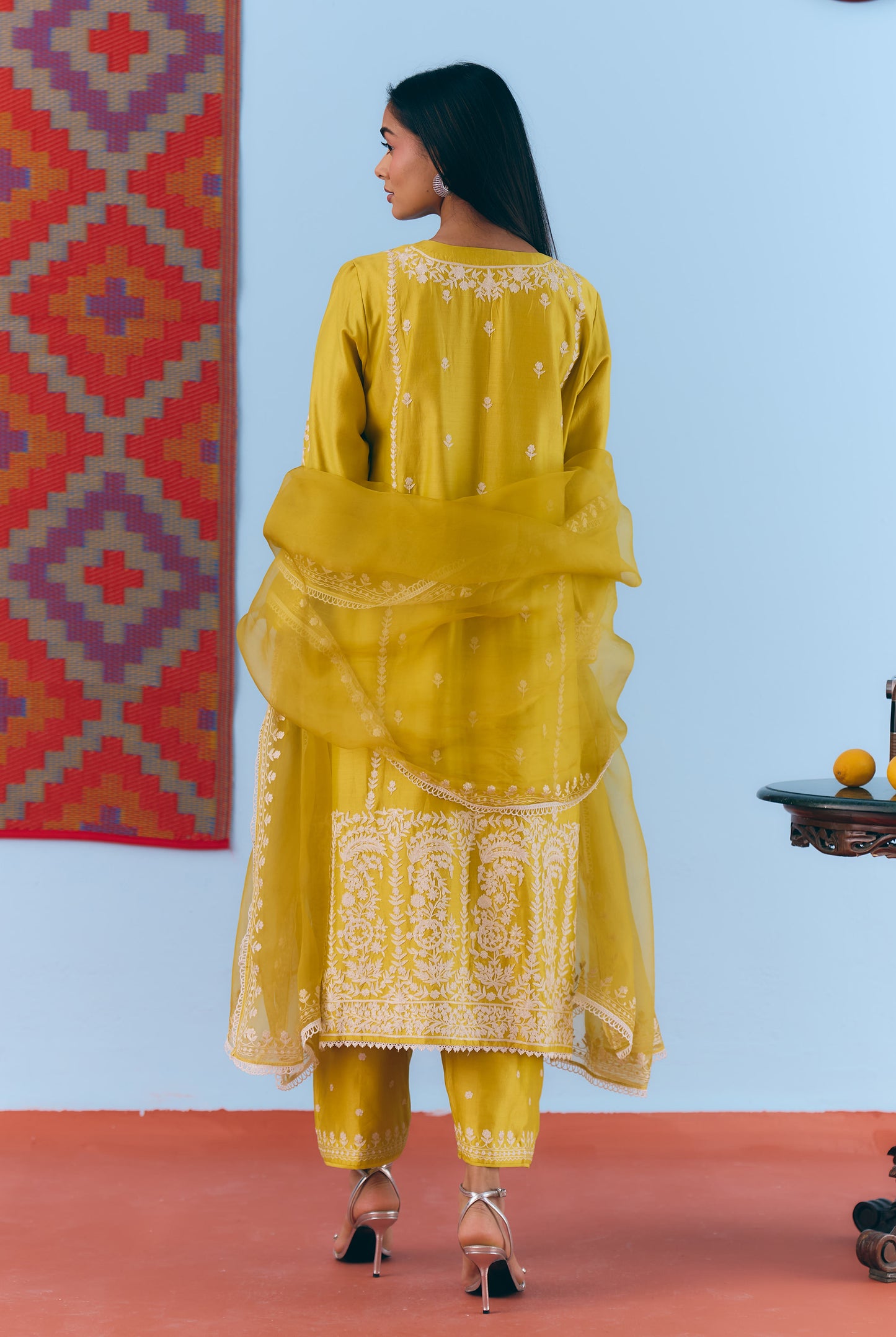 Yellow Silk Chanderi Kurta Set with White Thread & Pita Embroidery