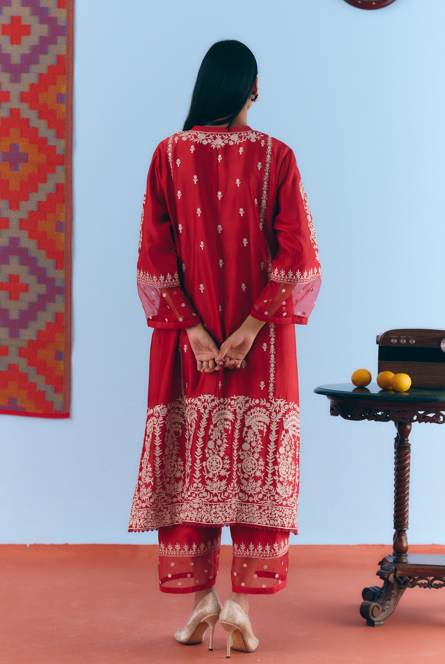 Red Silk Chanderi Kurta Set with White Thread & Pita Embroidery