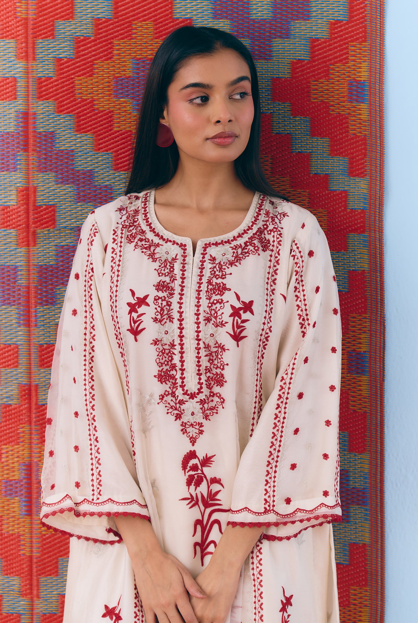 White Silk Chanderi Kurta Set with Deep Red & Silver Zari Embroidery