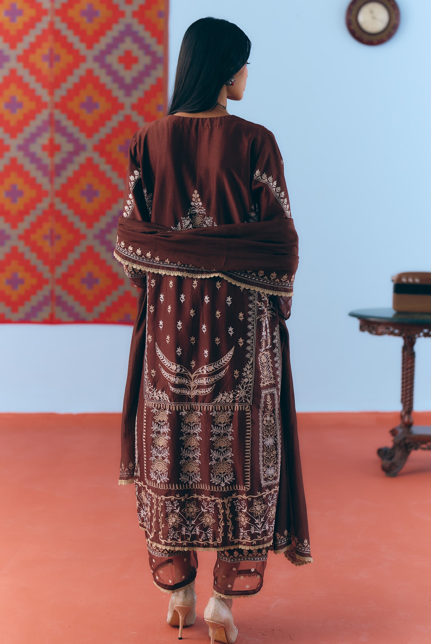 Brown Silk Chanderi Kurta Set with Single Thread & Zari Embroidery
