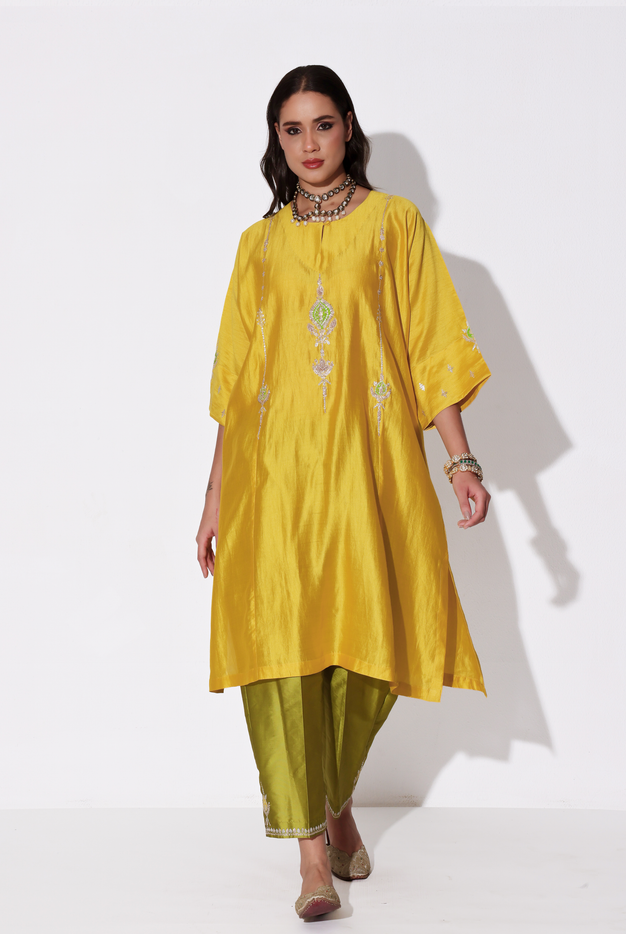 Yellow & Parrot Green Chiniya Silk Antifit Kurta Set