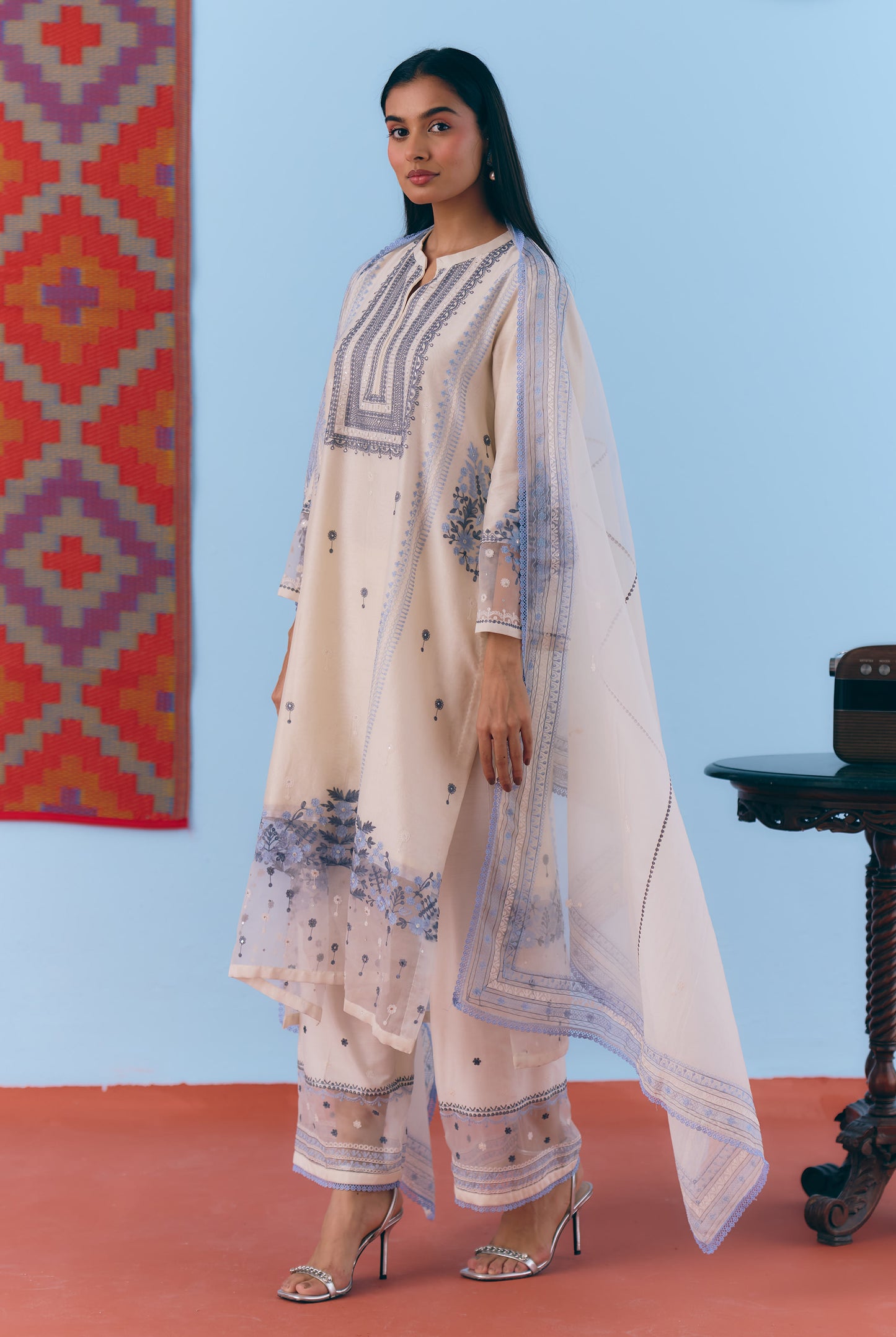 White Silk Chanderi Kurta Set with Blue Thread Embroidery