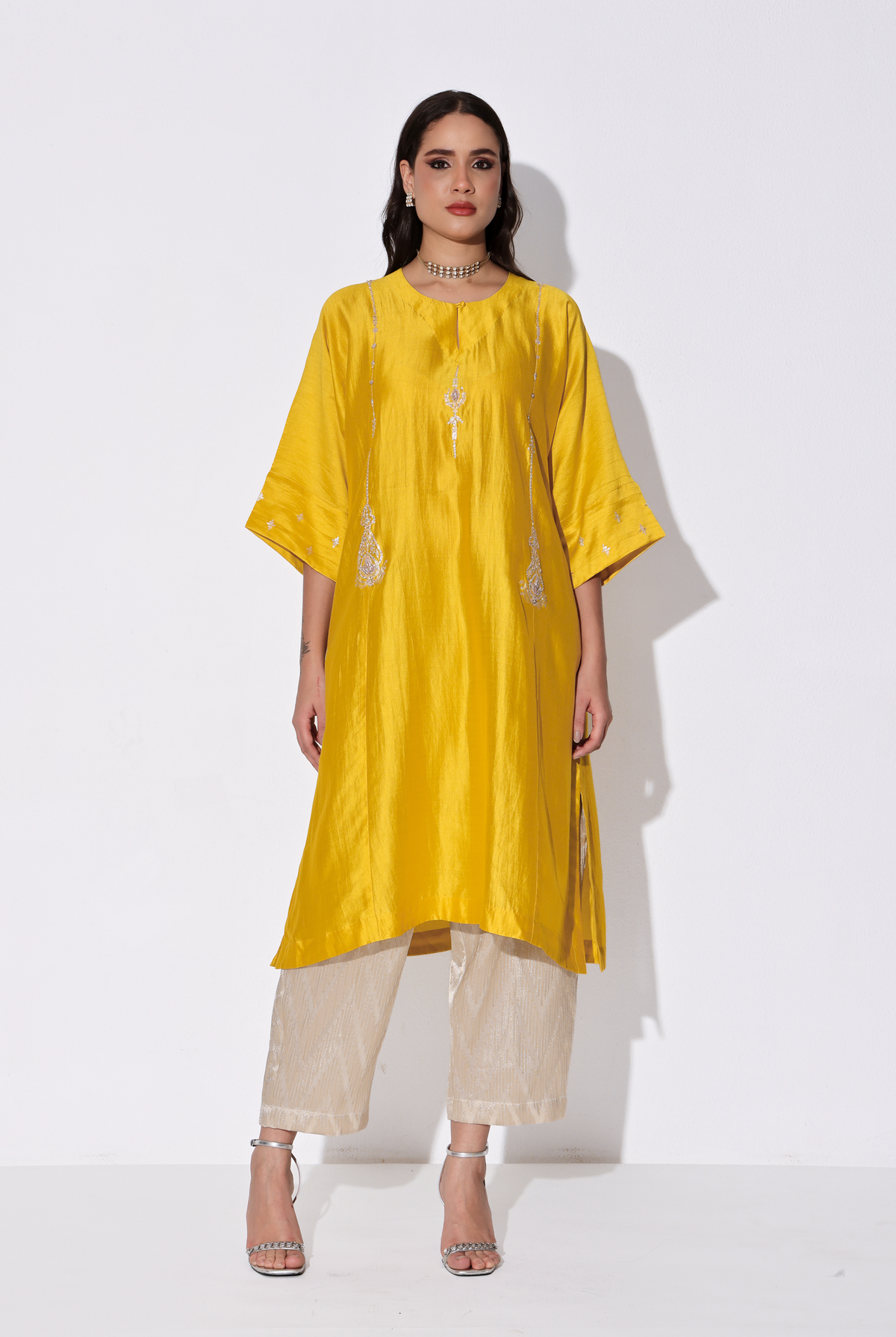 Yellow Chiniya Silk Antifit Kurta Set with Dabka & Dori Embroidery
