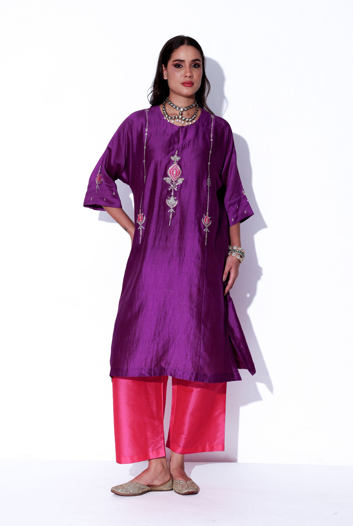 Violet & Fuchsia Chiniya Silk Antifit Kurta Set