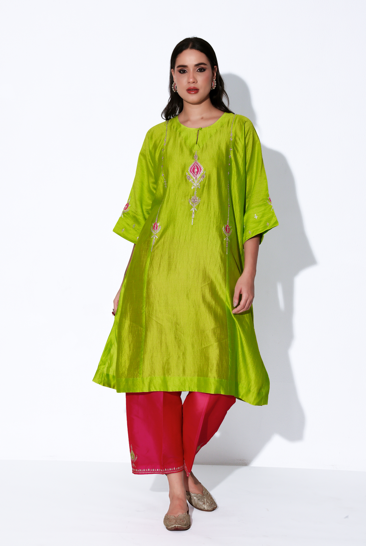 Parrot Green & Fuchsia Chiniya Silk Antifit Kurta Set