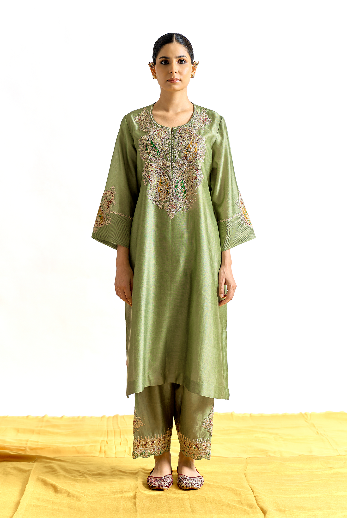 Sage Green Silk Chanderi Antifit Kurta Set with Dori & Sitara Embroidery