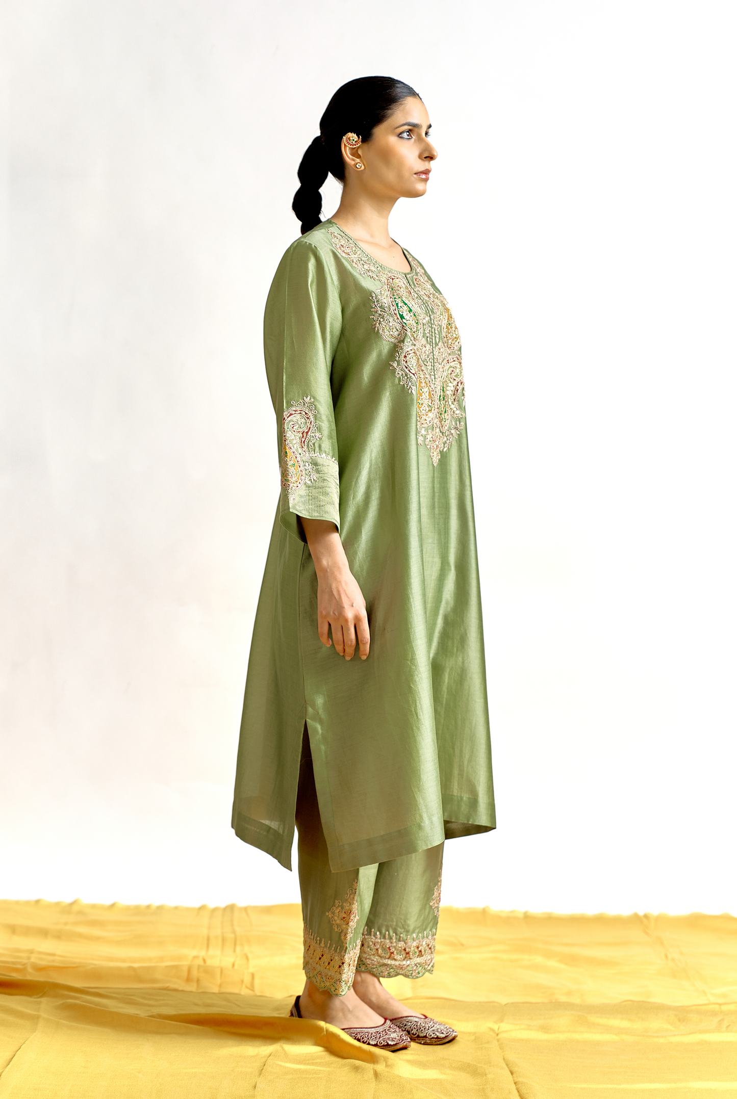 Sage Green Silk Chanderi Antifit Kurta Set with Dori & Sitara Embroidery