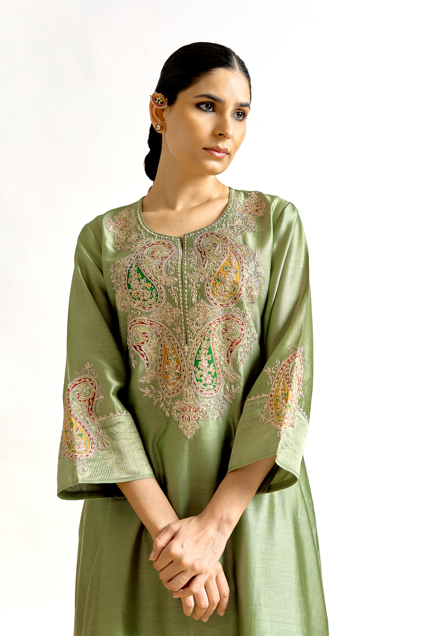 Sage Green Silk Chanderi Antifit Kurta Set with Dori & Sitara Embroidery