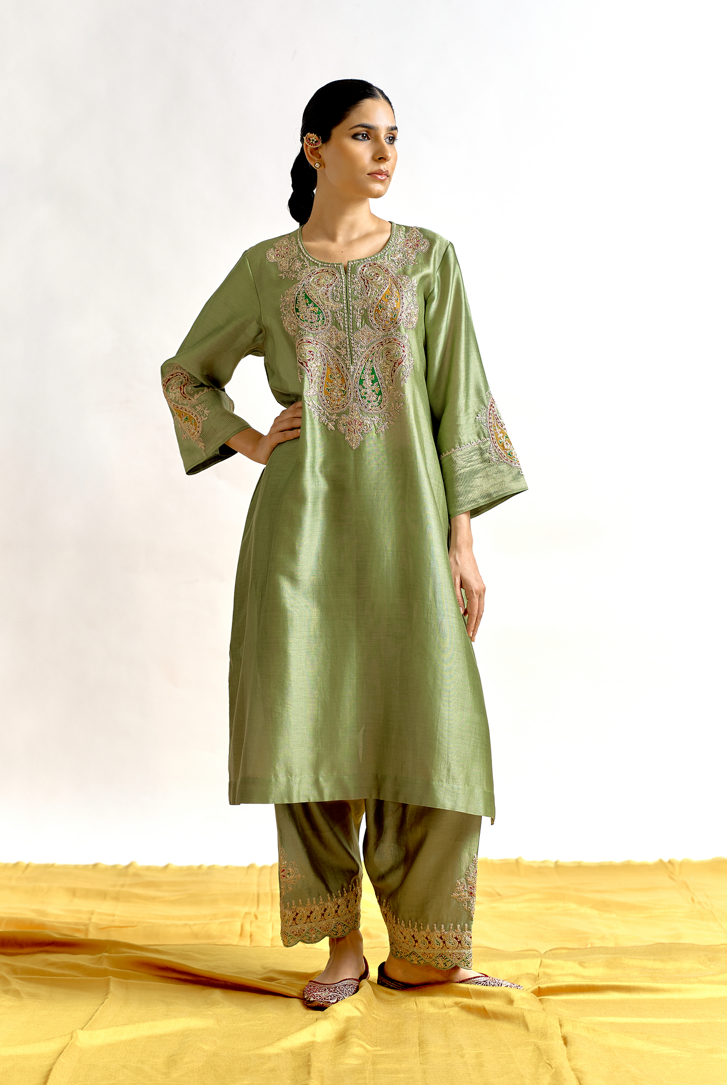 Sage Green Silk Chanderi Antifit Kurta Set with Dori & Sitara Embroidery