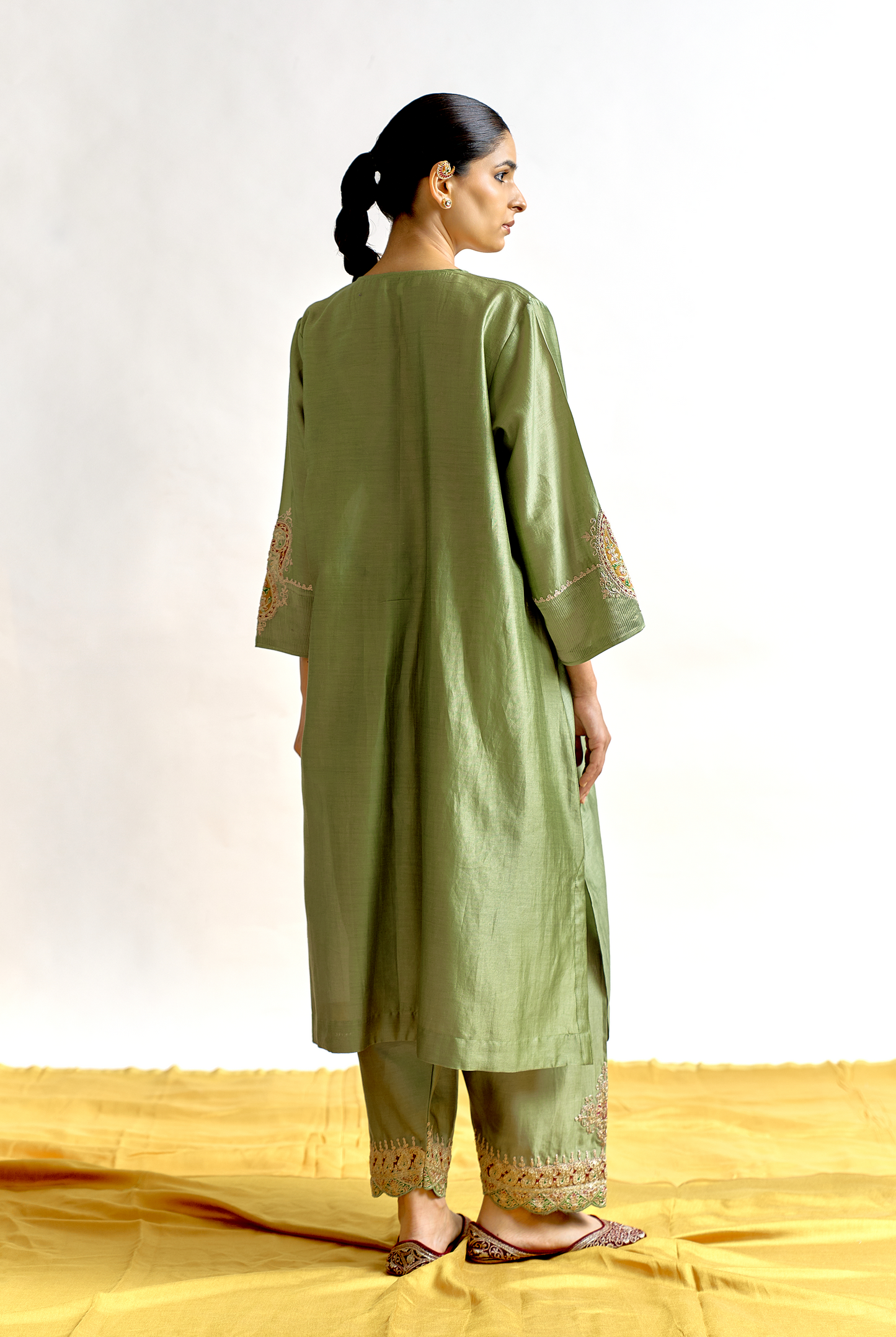Sage Green Silk Chanderi Antifit Kurta Set with Dori & Sitara Embroidery