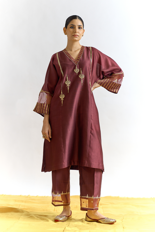 Cocoa Silk Chanderi Antifit Kurta Set with Dabka & Dori Embroidery