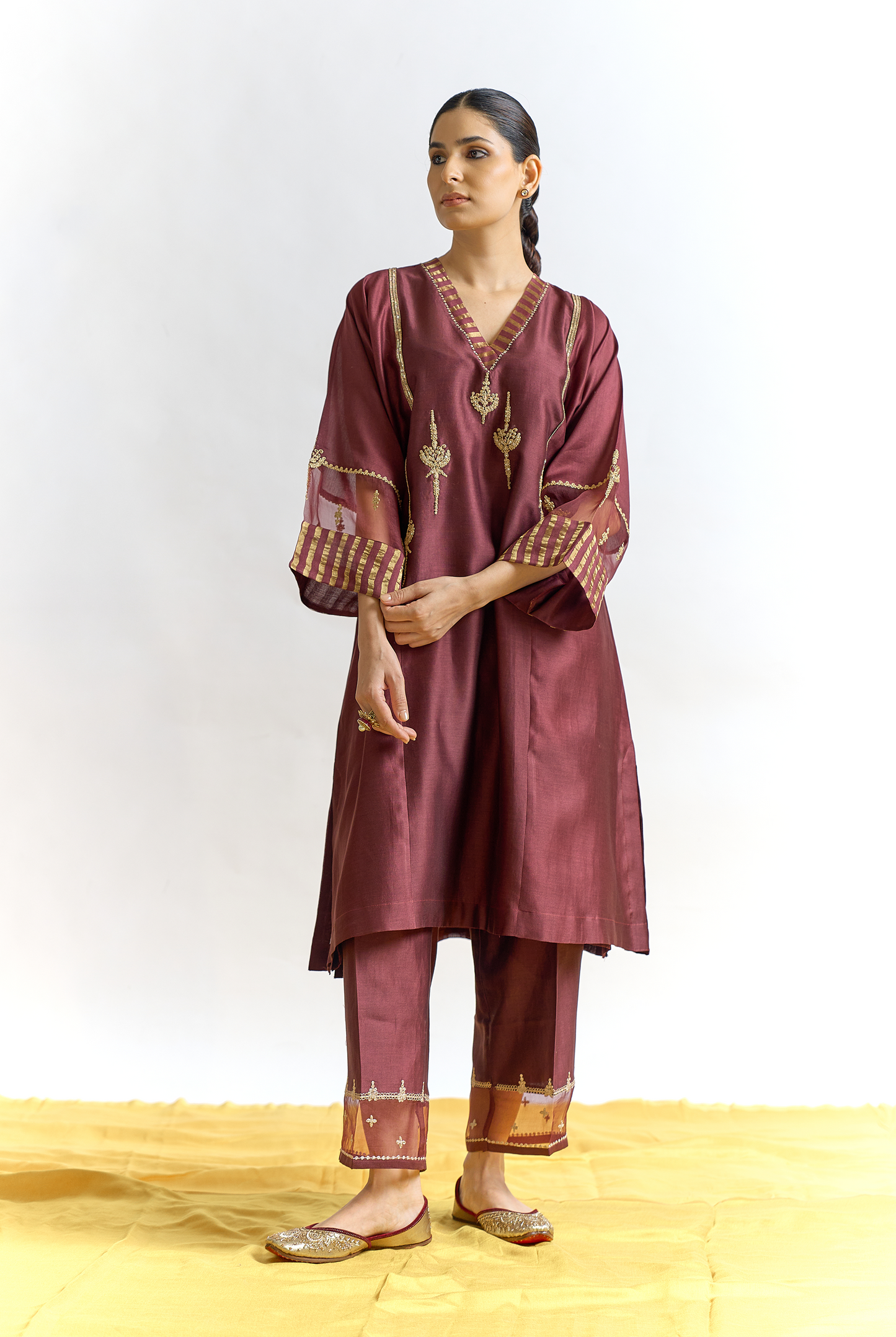 Cocoa Silk Chanderi Antifit Kurta Set with Dabka & Dori Embroidery
