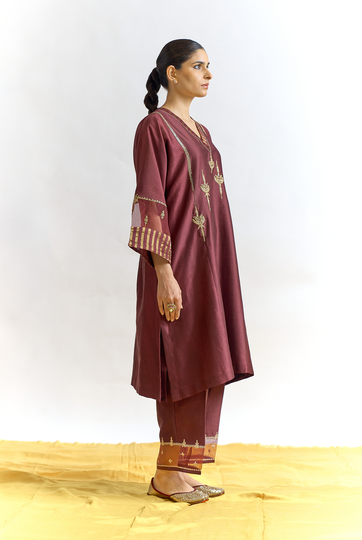Cocoa Silk Chanderi Antifit Kurta Set with Dabka & Dori Embroidery