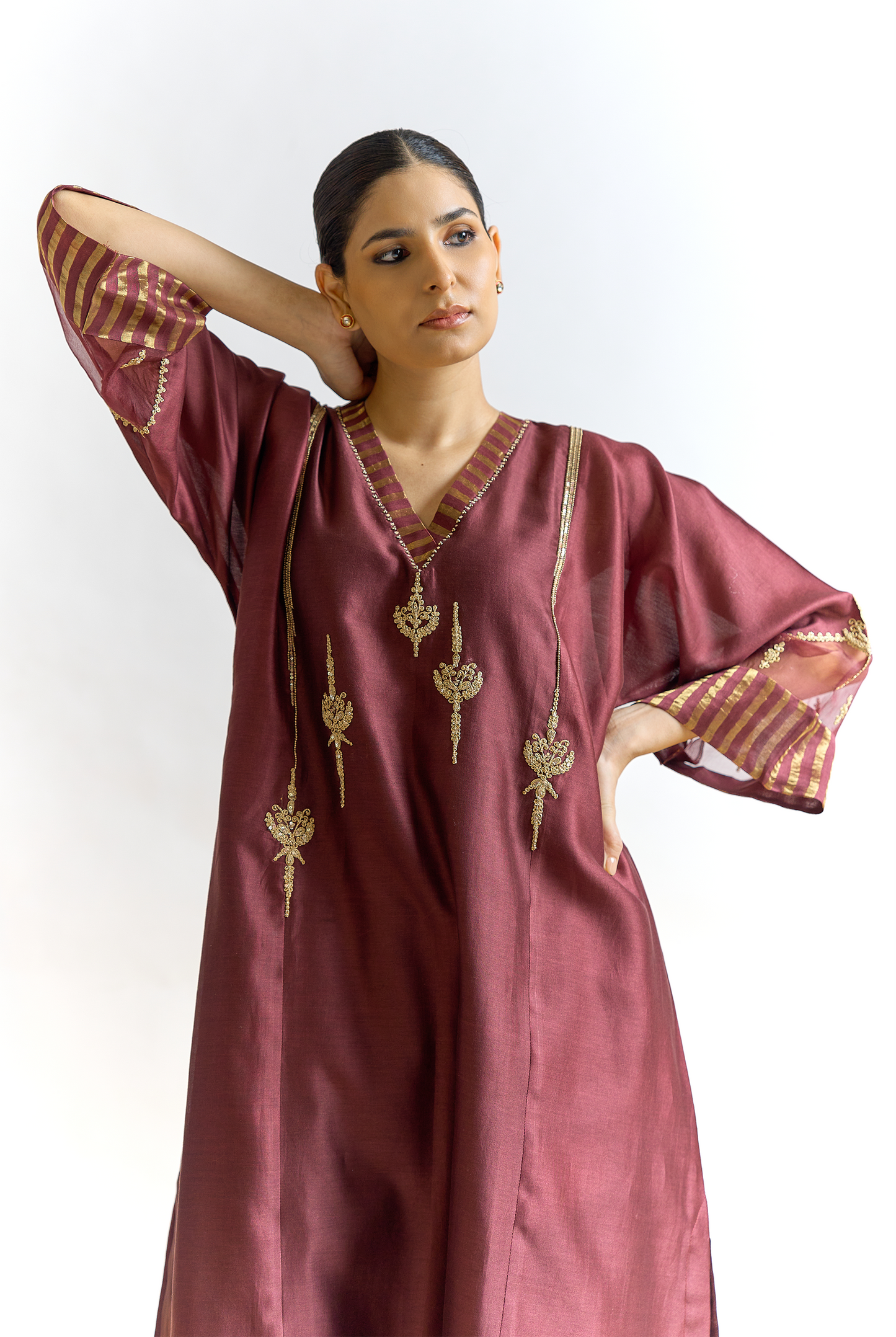 Cocoa Silk Chanderi Antifit Kurta Set with Dabka & Dori Embroidery