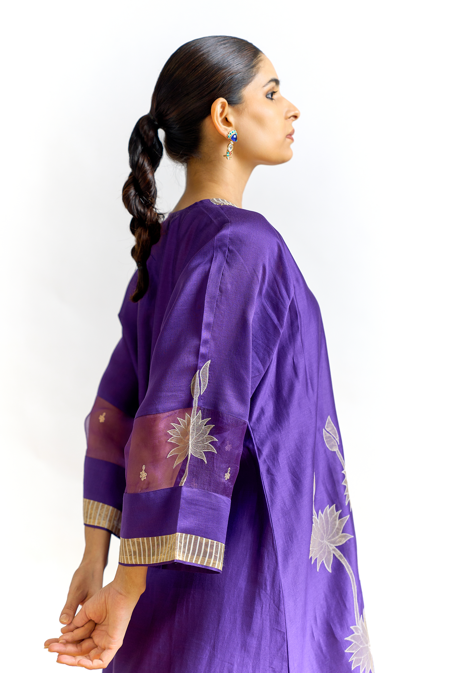 Violet Silk Chanderi Antifit Kurta Set with Tissue Appliqué
