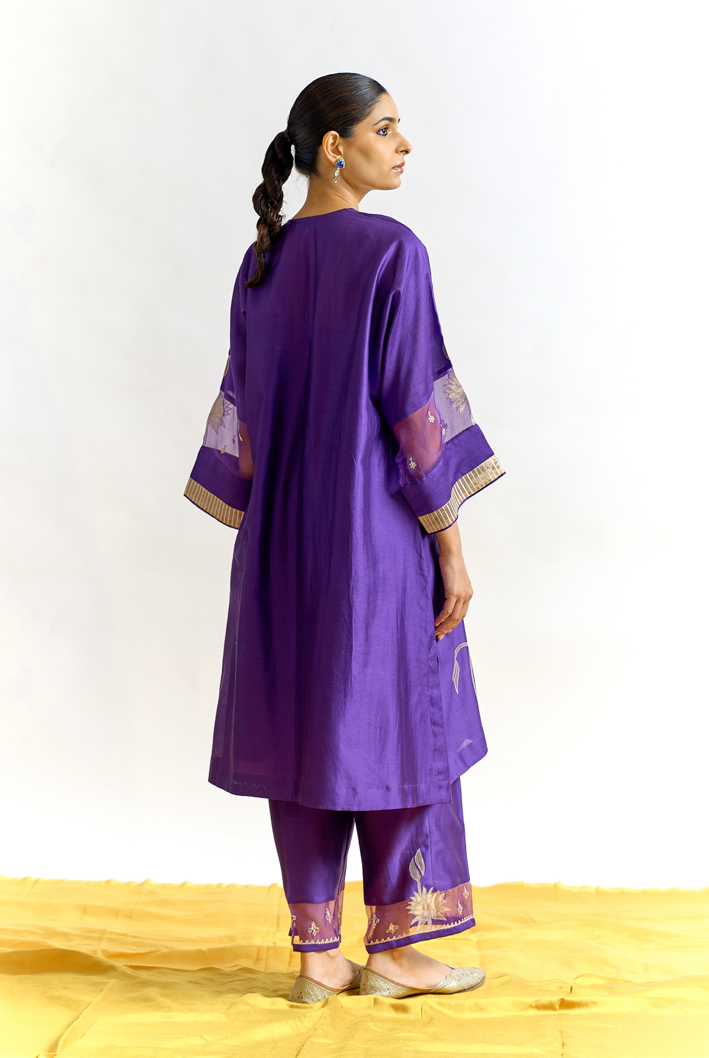 Violet Silk Chanderi Antifit Kurta Set with Tissue Appliqué