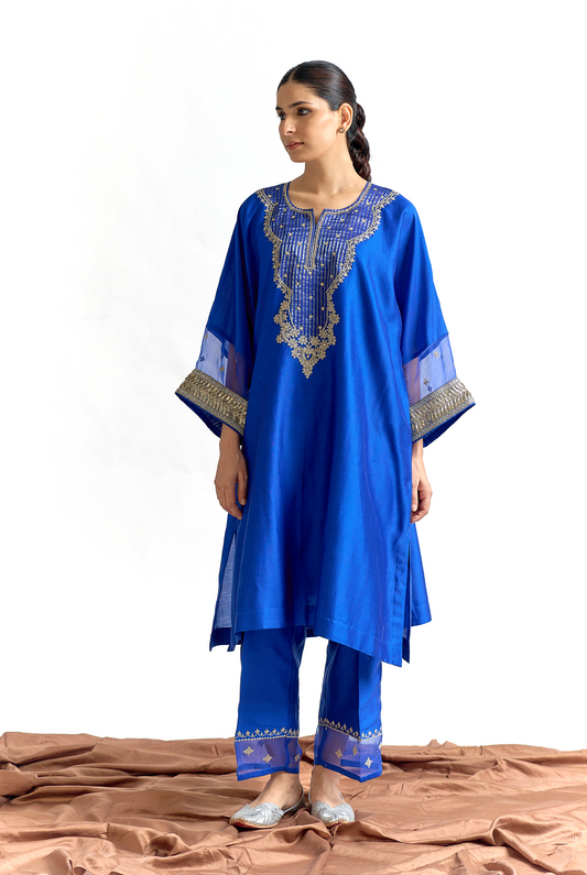 Royal Blue Silk Chanderi Antifit Kurta Set with Cutdana & Dabka Embroidery