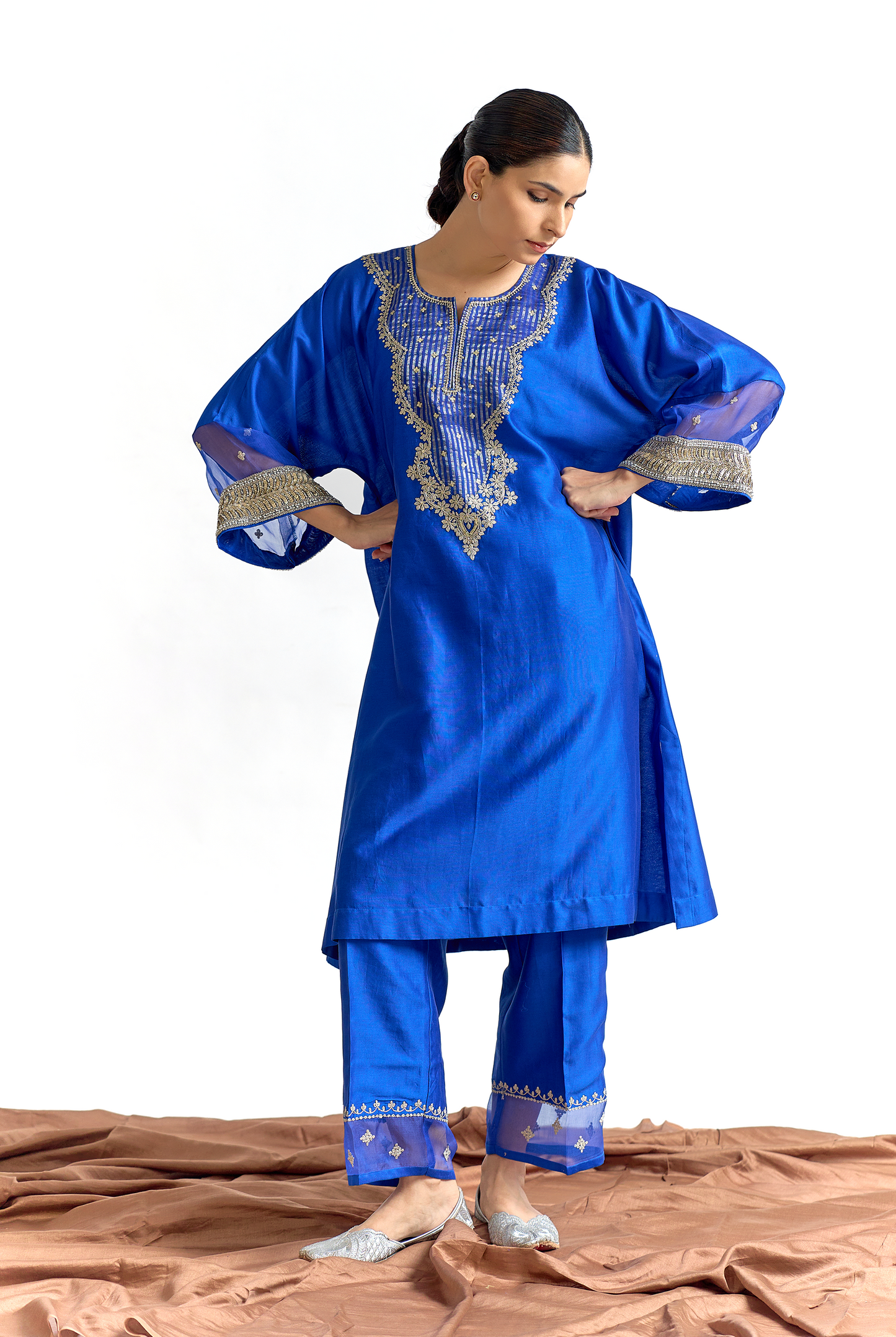 Royal Blue Silk Chanderi Antifit Kurta Set with Cutdana & Dabka Embroidery