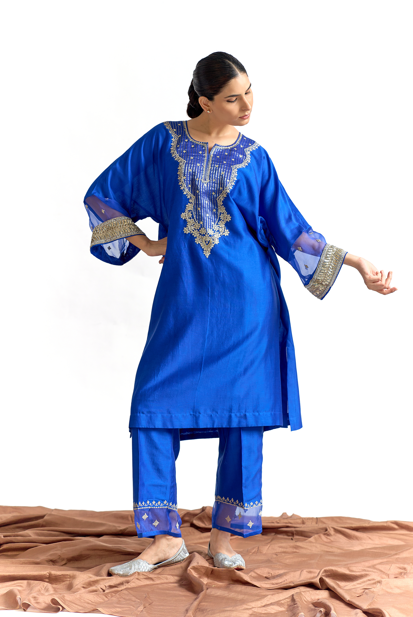 Royal Blue Silk Chanderi Antifit Kurta Set with Cutdana & Dabka Embroidery
