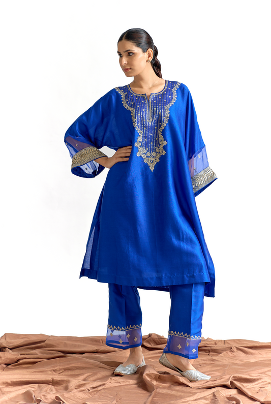 Royal Blue Silk Chanderi Antifit Kurta Set with Cutdana & Dabka Embroidery