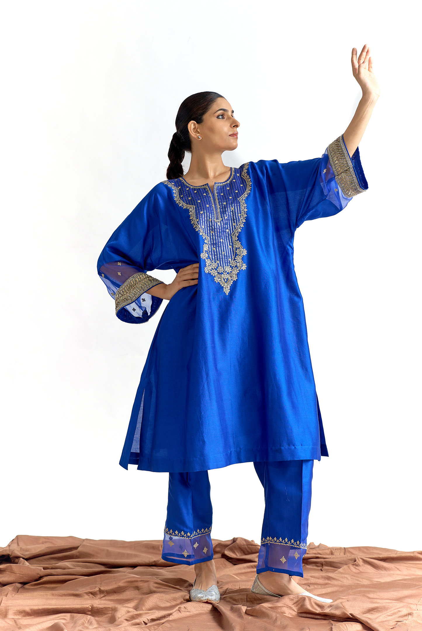 Royal Blue Silk Chanderi Antifit Kurta Set with Cutdana & Dabka Embroidery