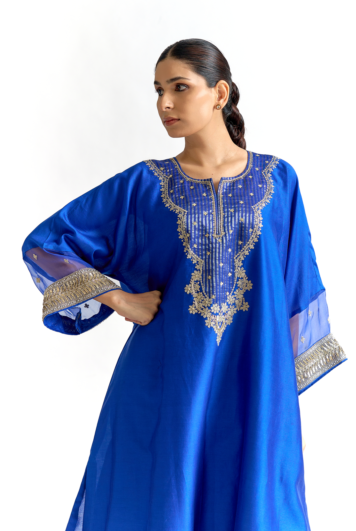 Royal Blue Silk Chanderi Antifit Kurta Set with Cutdana & Dabka Embroidery