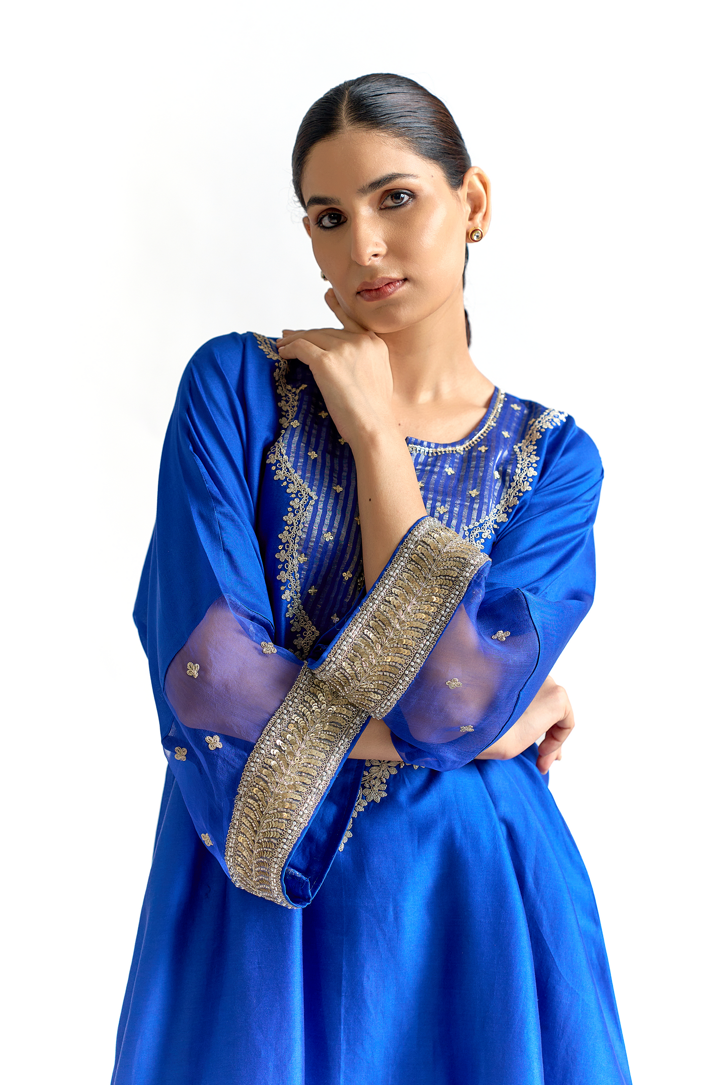 Royal Blue Silk Chanderi Antifit Kurta Set with Cutdana & Dabka Embroidery