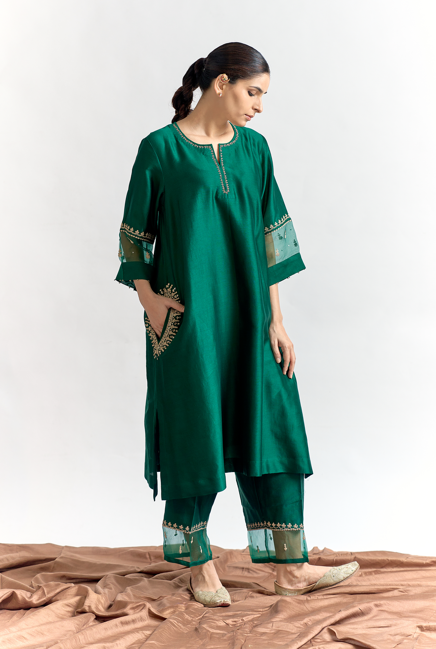 Emerald Silk Chanderi Antifit Kurta Set with Dori & Sitara Embroidery