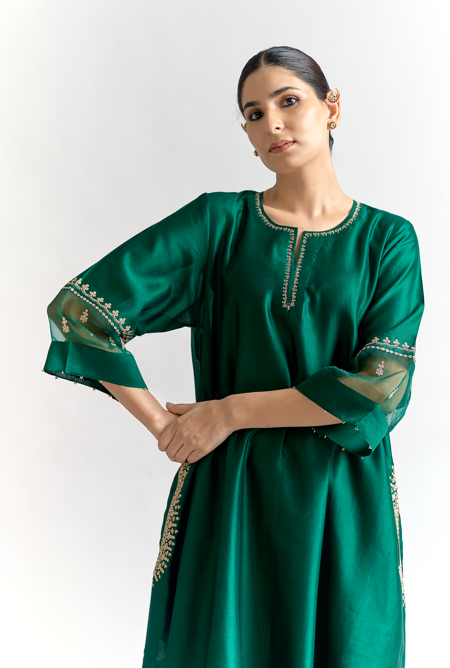 Emerald Silk Chanderi Antifit Kurta Set with Dori & Sitara Embroidery