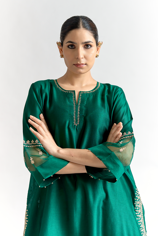 Emerald Silk Chanderi Antifit Kurta Set with Dori & Sitara Embroidery