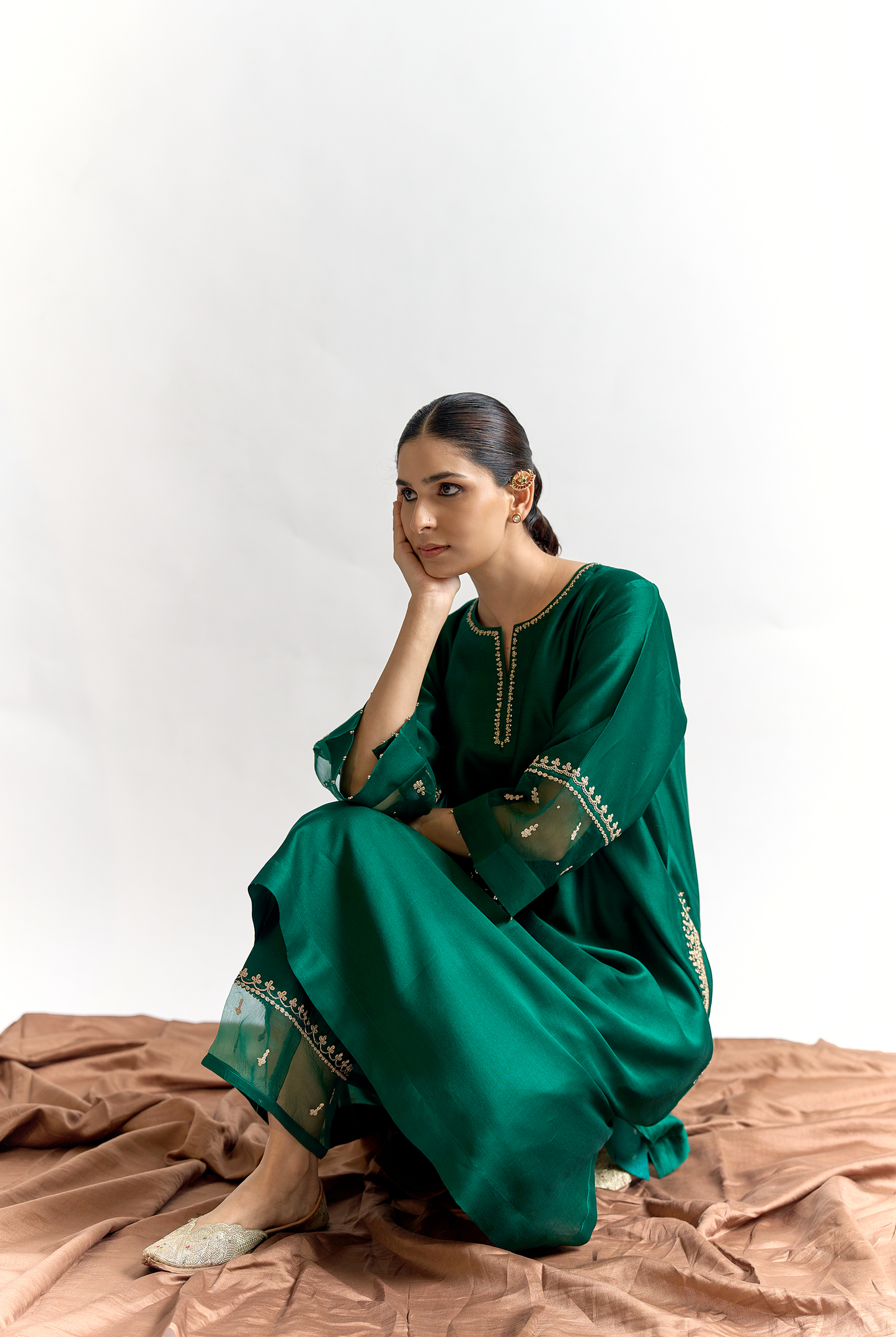 Emerald Silk Chanderi Antifit Kurta Set with Dori & Sitara Embroidery