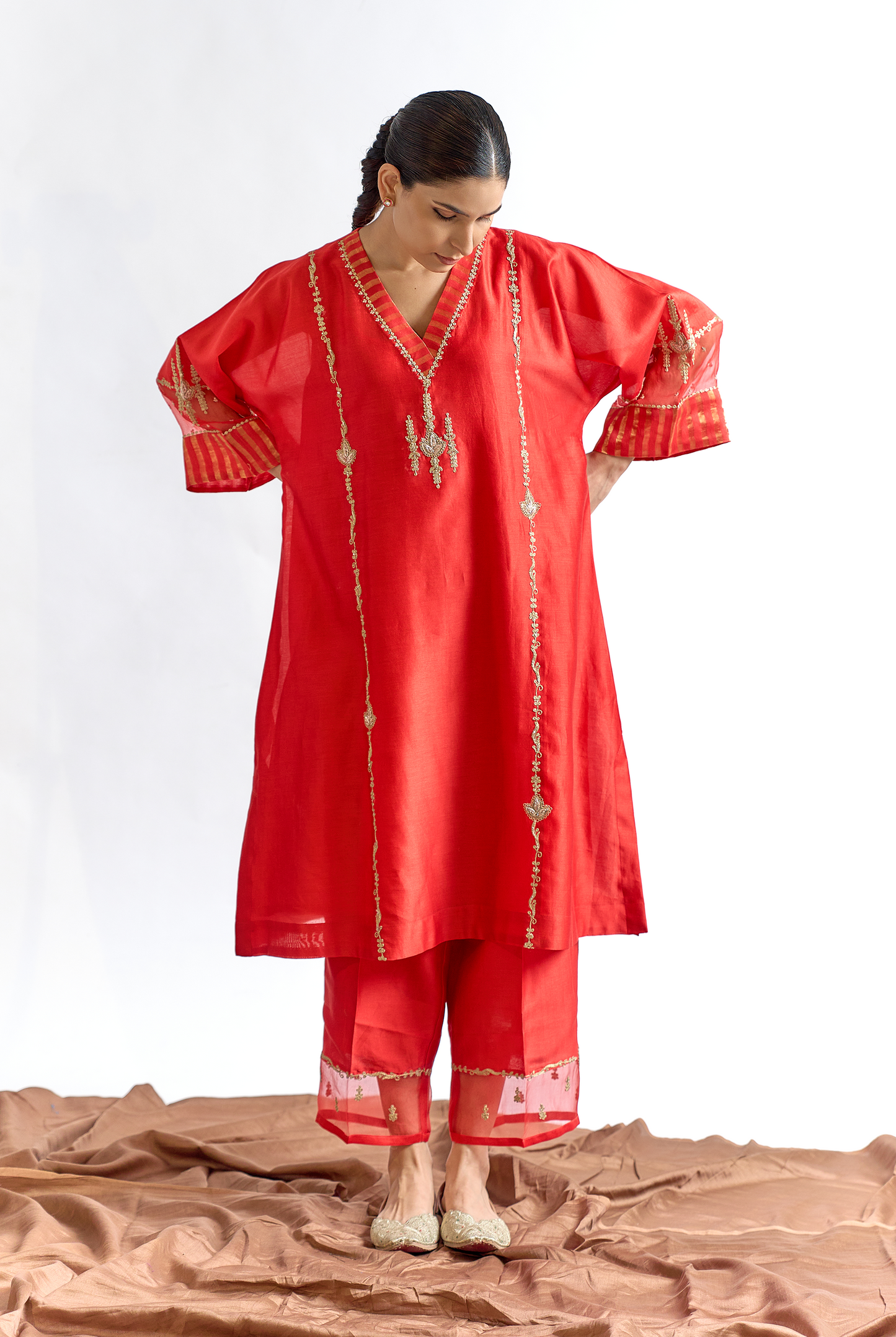 Red Silk Chanderi Antifit Kurta Set with Dori & Dabka Embroidery