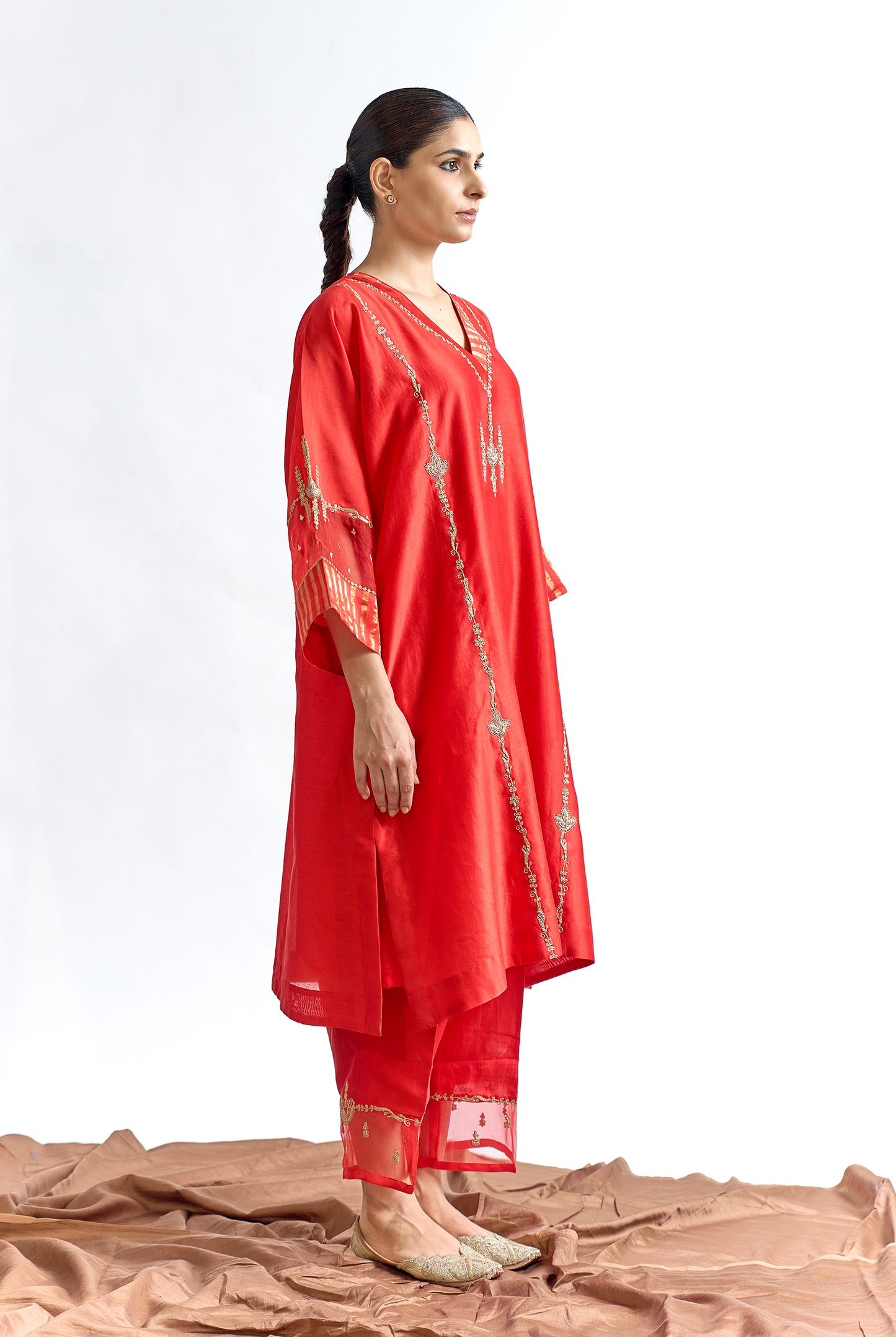 Red Silk Chanderi Antifit Kurta Set with Dori & Dabka Embroidery