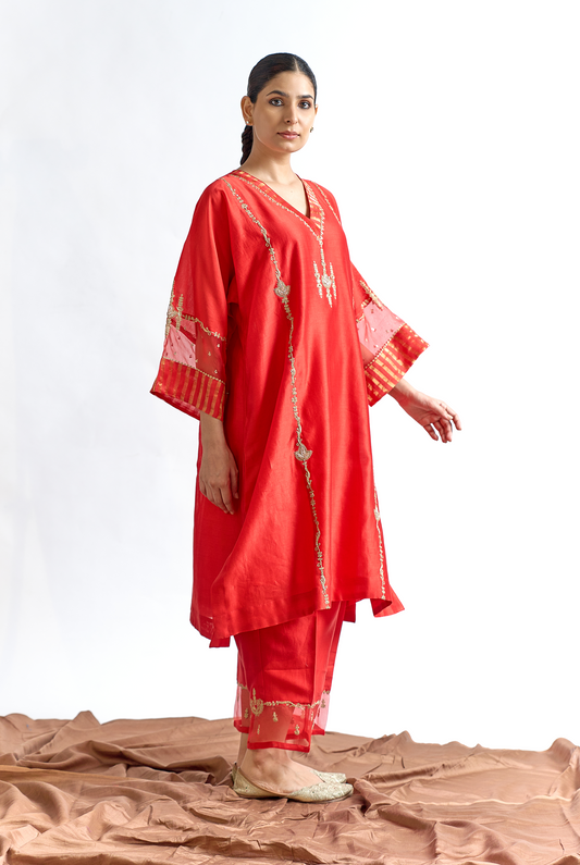 Red Silk Chanderi Antifit Kurta Set with Dori & Dabka Embroidery