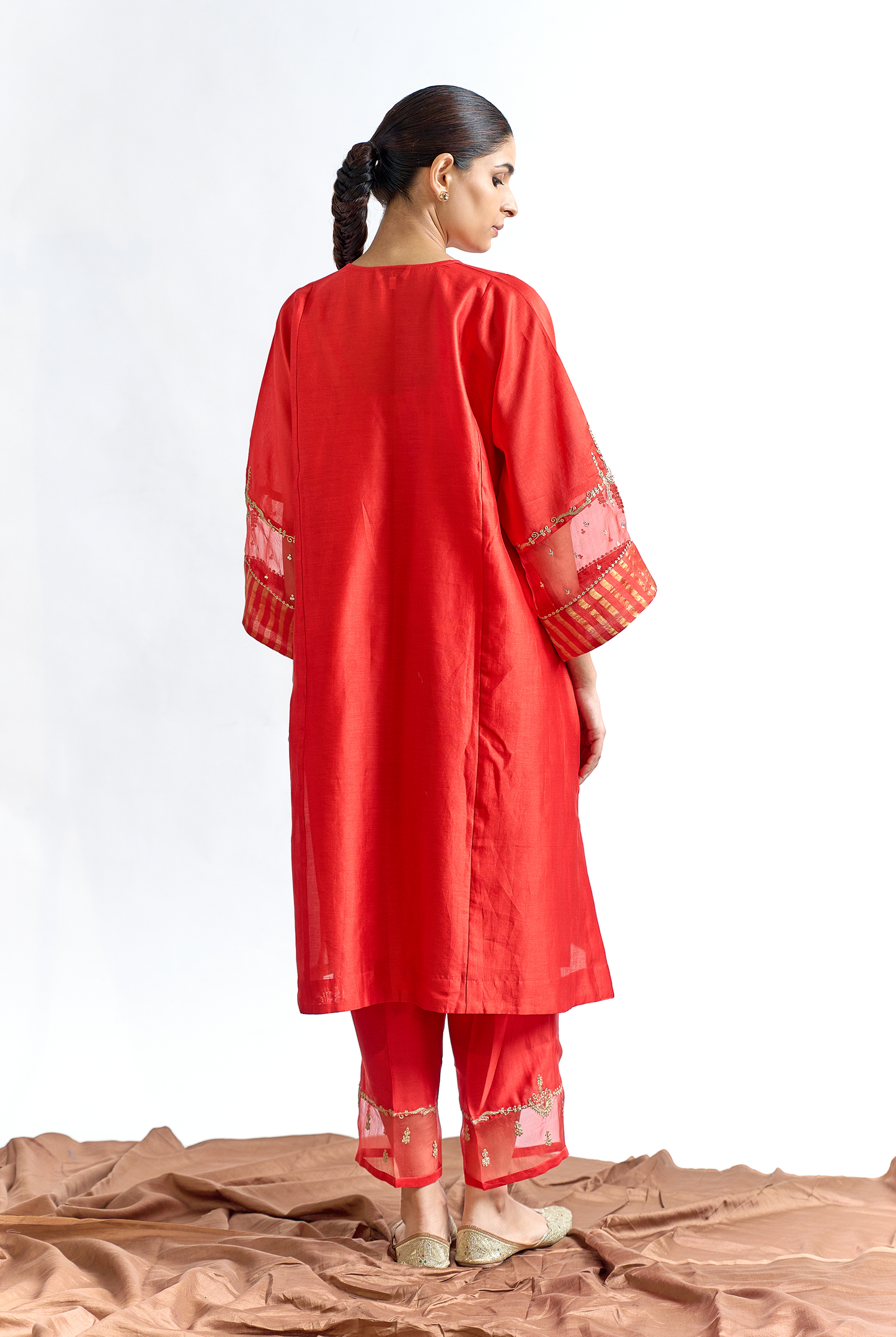 Red Silk Chanderi Antifit Kurta Set with Dori & Dabka Embroidery