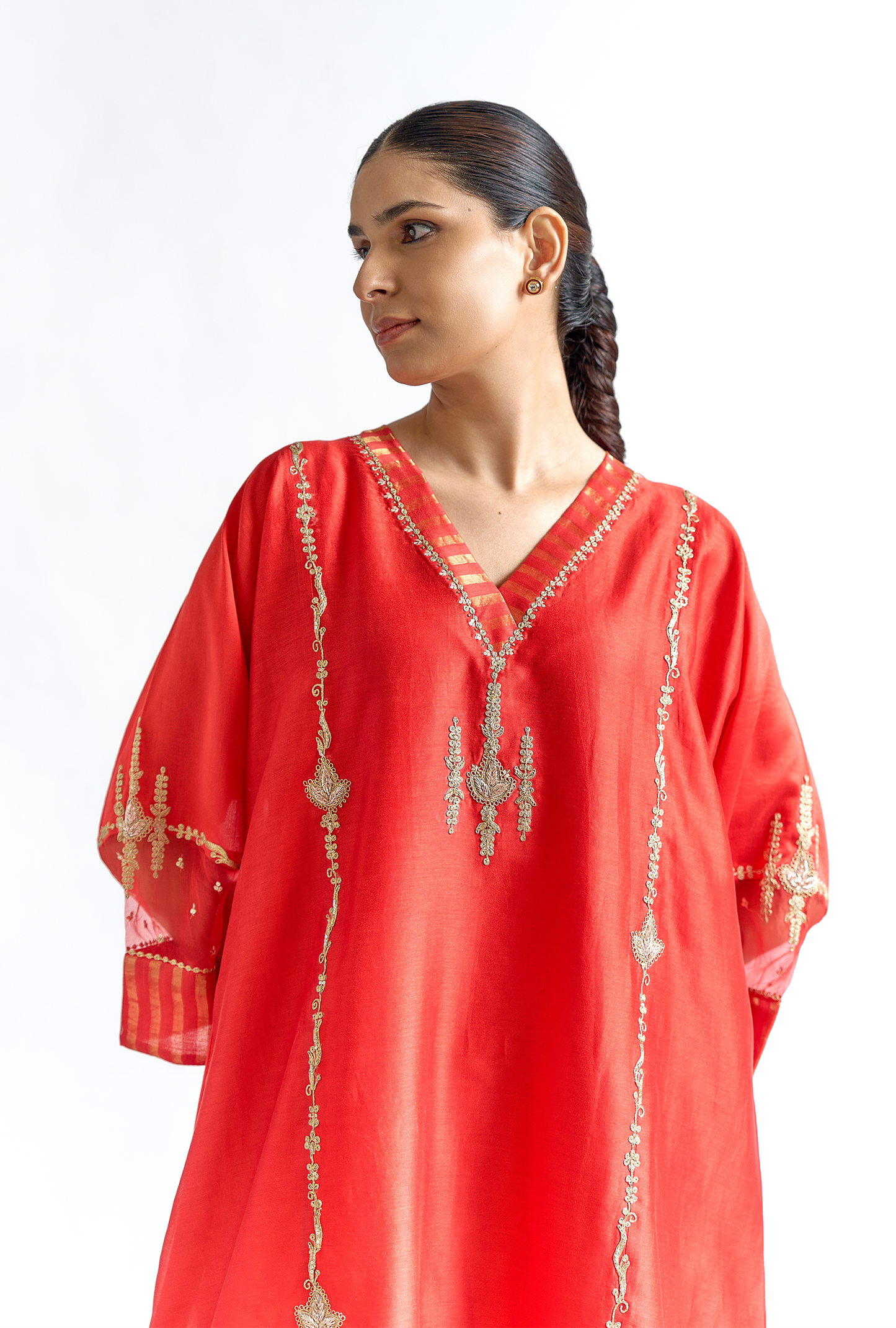 Red Silk Chanderi Antifit Kurta Set with Dori & Dabka Embroidery