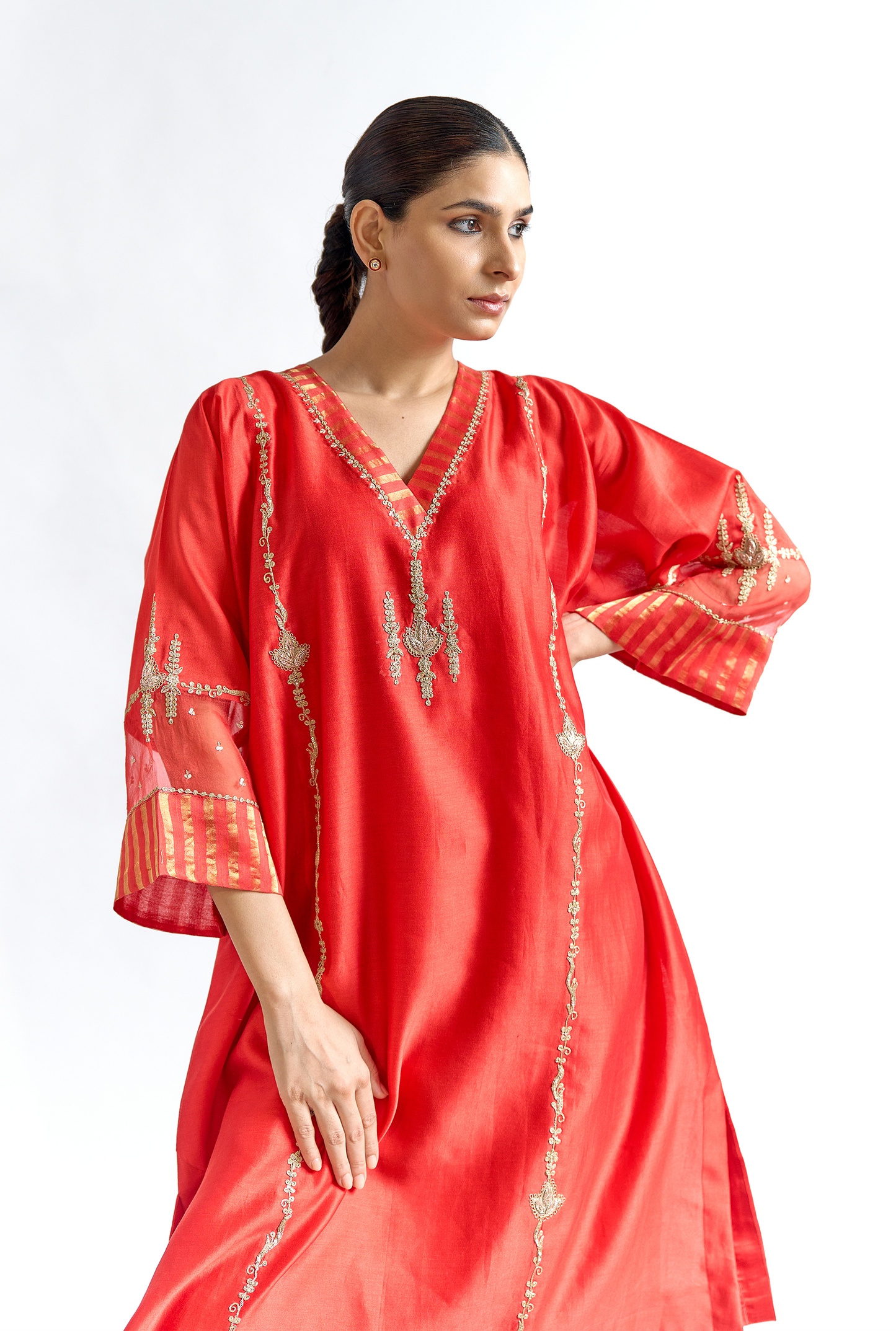 Red Silk Chanderi Antifit Kurta Set with Dori & Dabka Embroidery