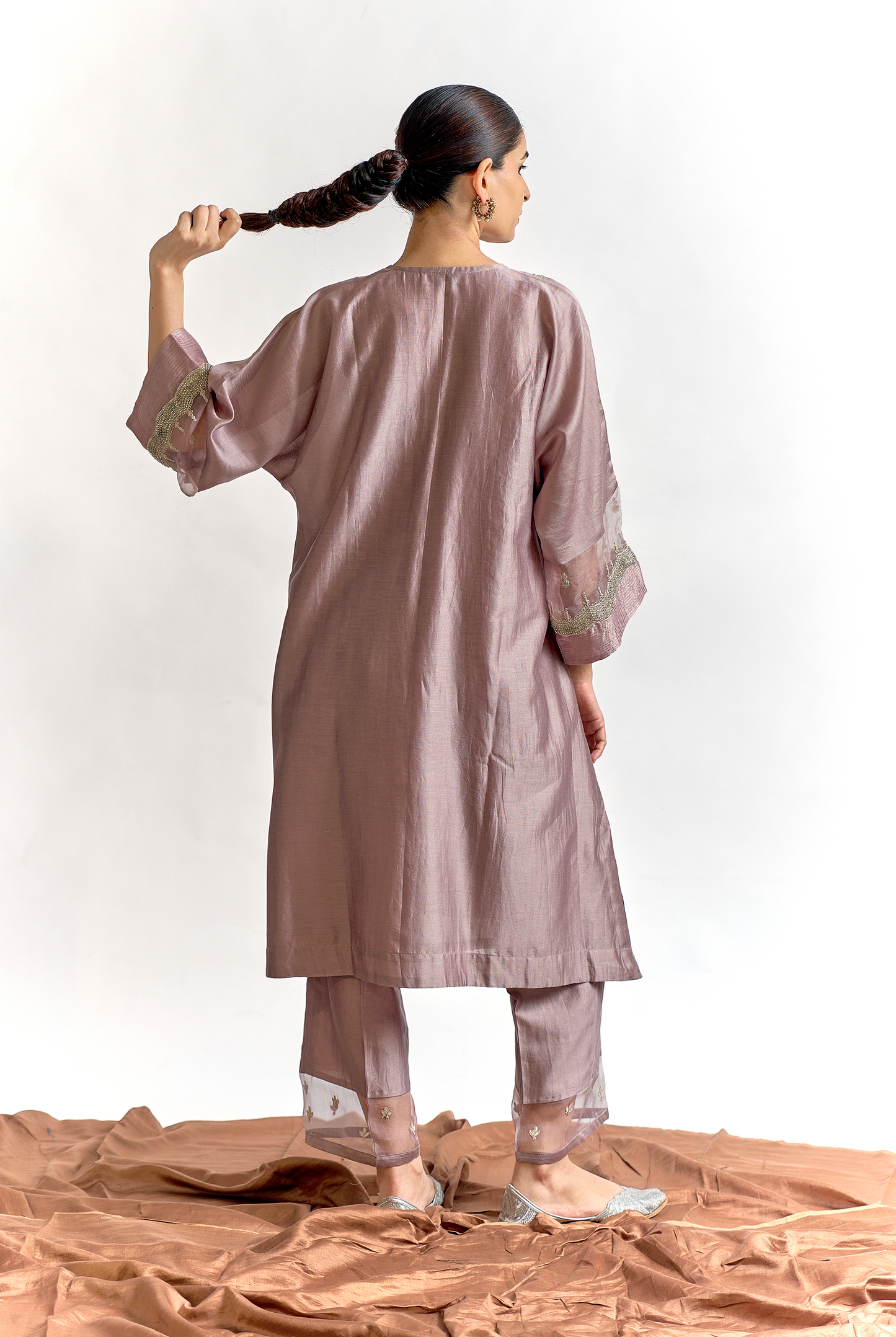Dusty Rose Silk Chanderi Antifit Kurta Set with Gota & Dori Embroidery