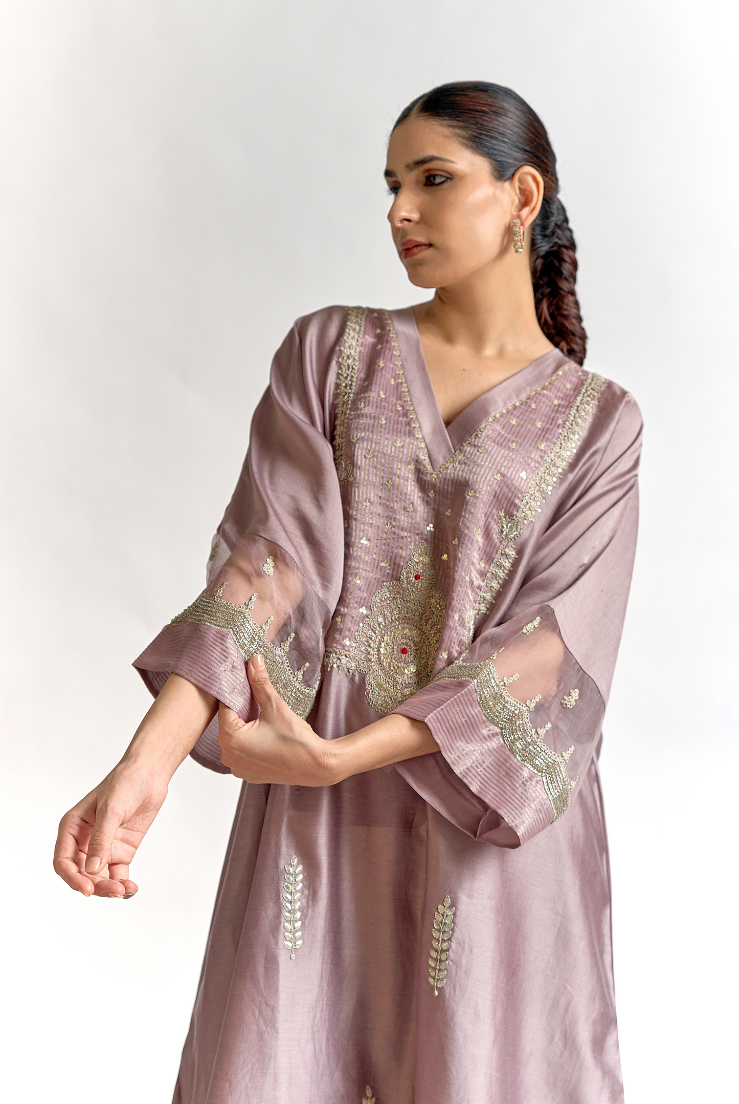 Dusty Rose Silk Chanderi Antifit Kurta Set with Gota & Dori Embroidery