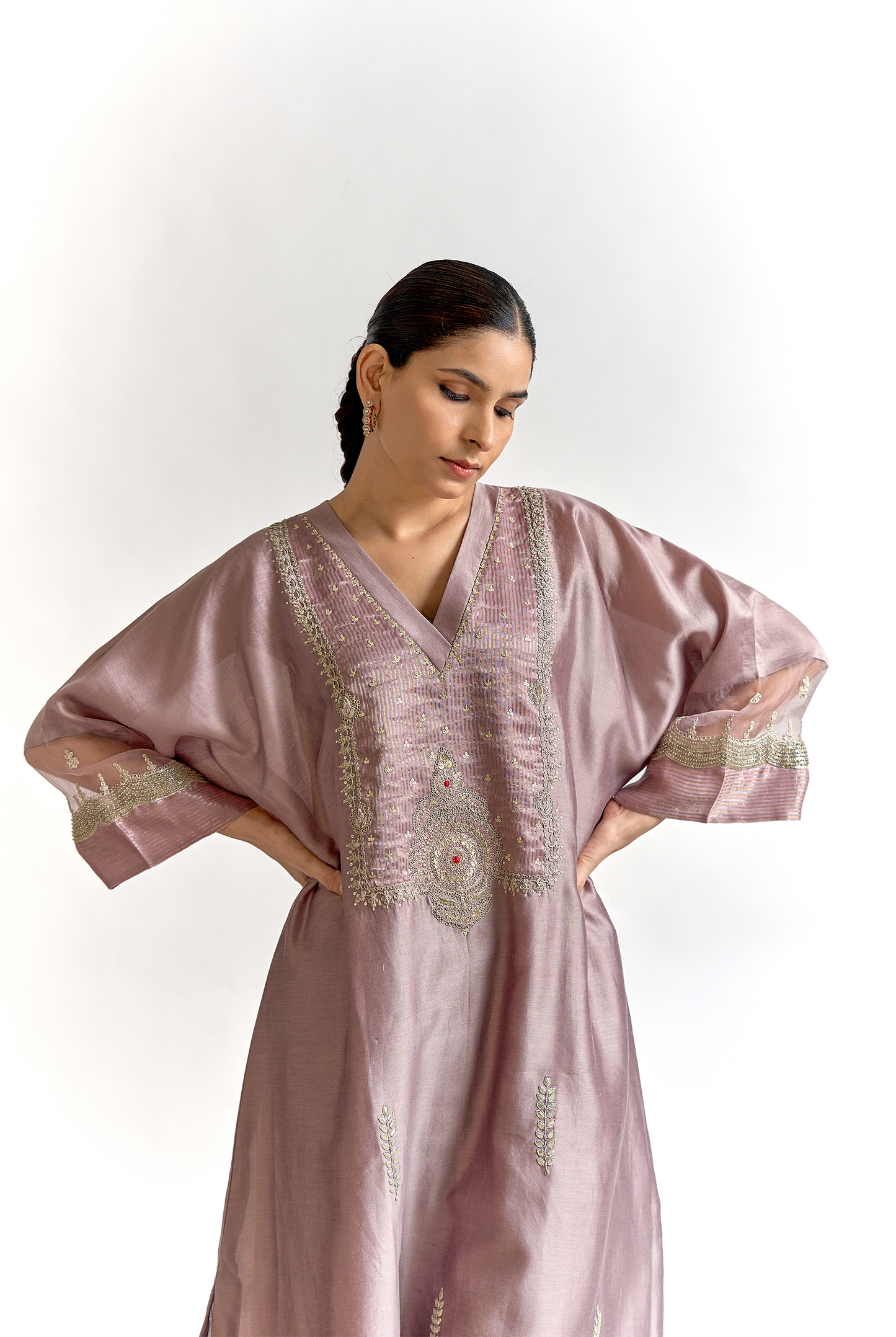 Dusty Rose Silk Chanderi Antifit Kurta Set with Gota & Dori Embroidery