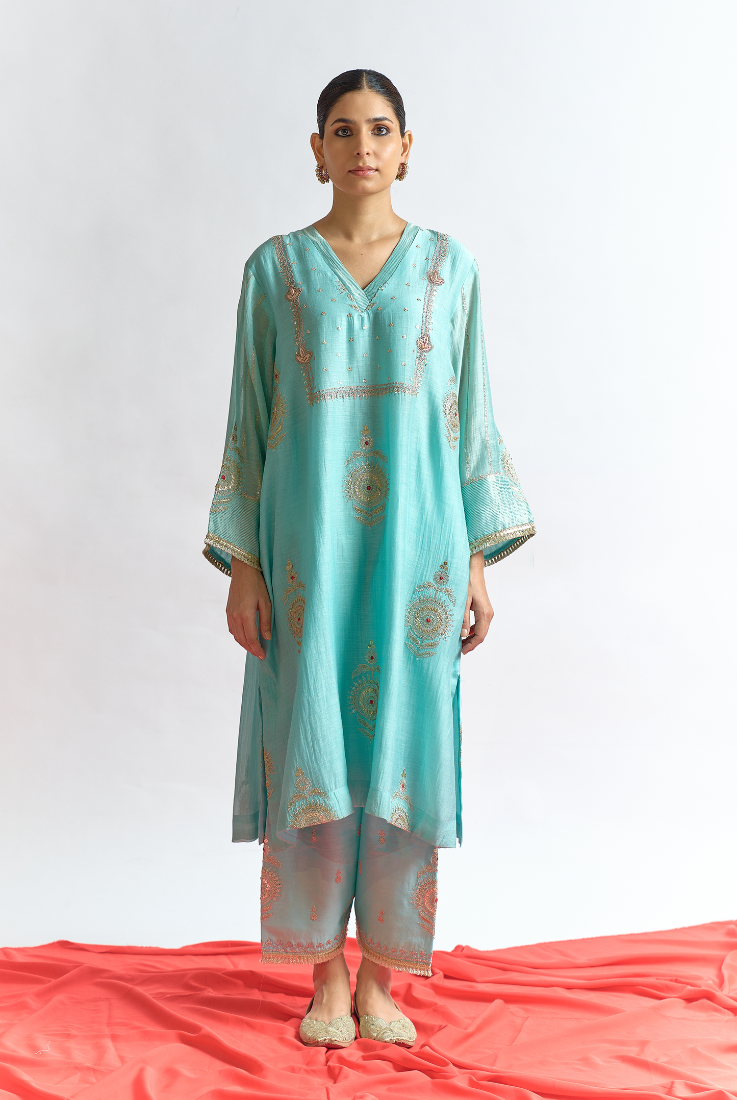 Sky Blue Mul Chanderi Kurta Set with Dori & Dabka Embroidery