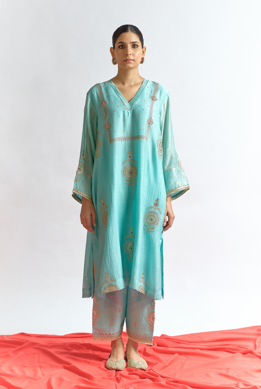 Sky Blue Mul Chanderi Kurta Set with Dori & Dabka Embroidery