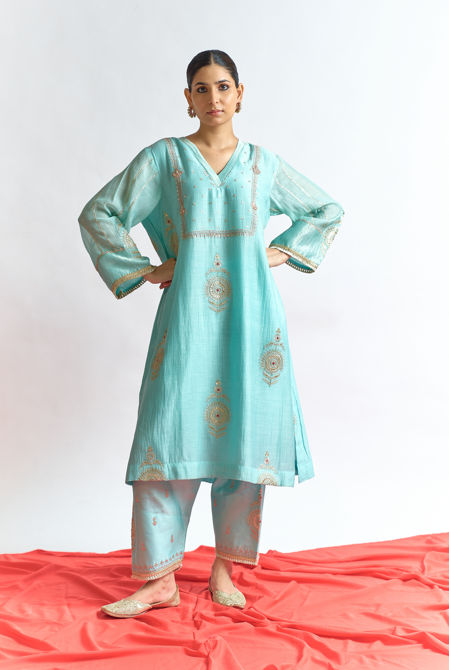 Sky Blue Mul Chanderi Kurta Set with Dori & Dabka Embroidery