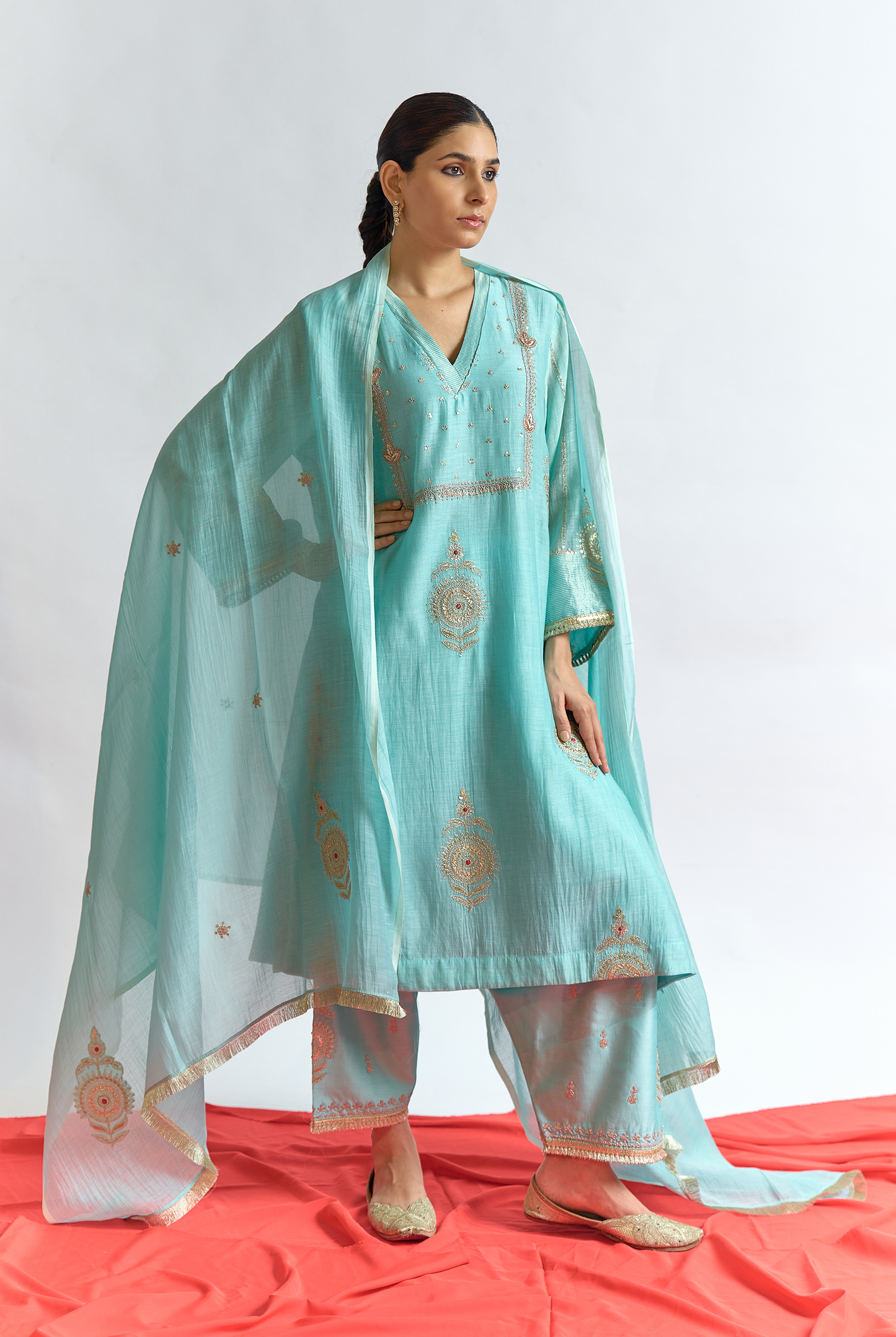 Sky Blue Mul Chanderi Kurta Set with Dori & Dabka Embroidery