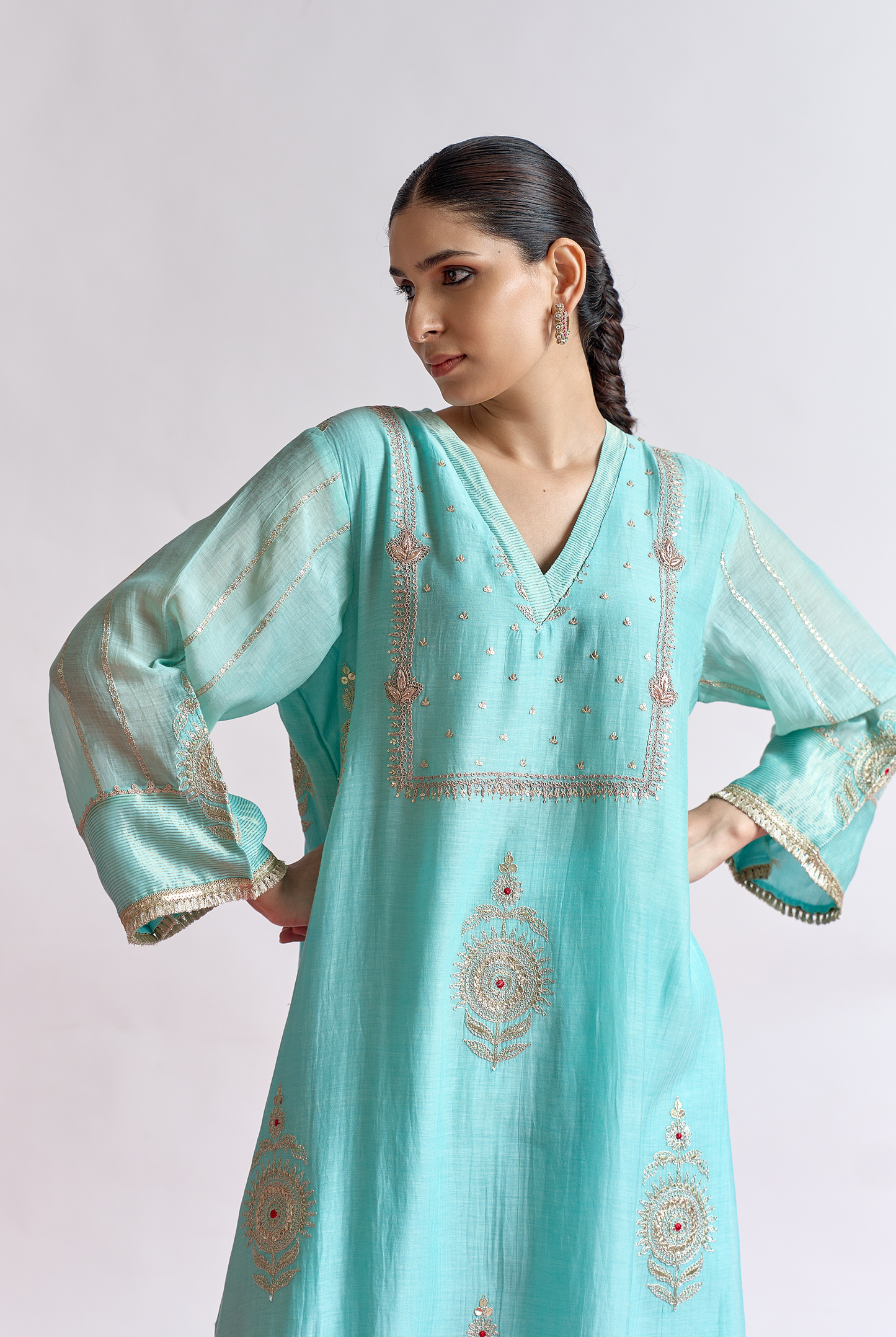 Sky Blue Mul Chanderi Kurta Set with Dori & Dabka Embroidery